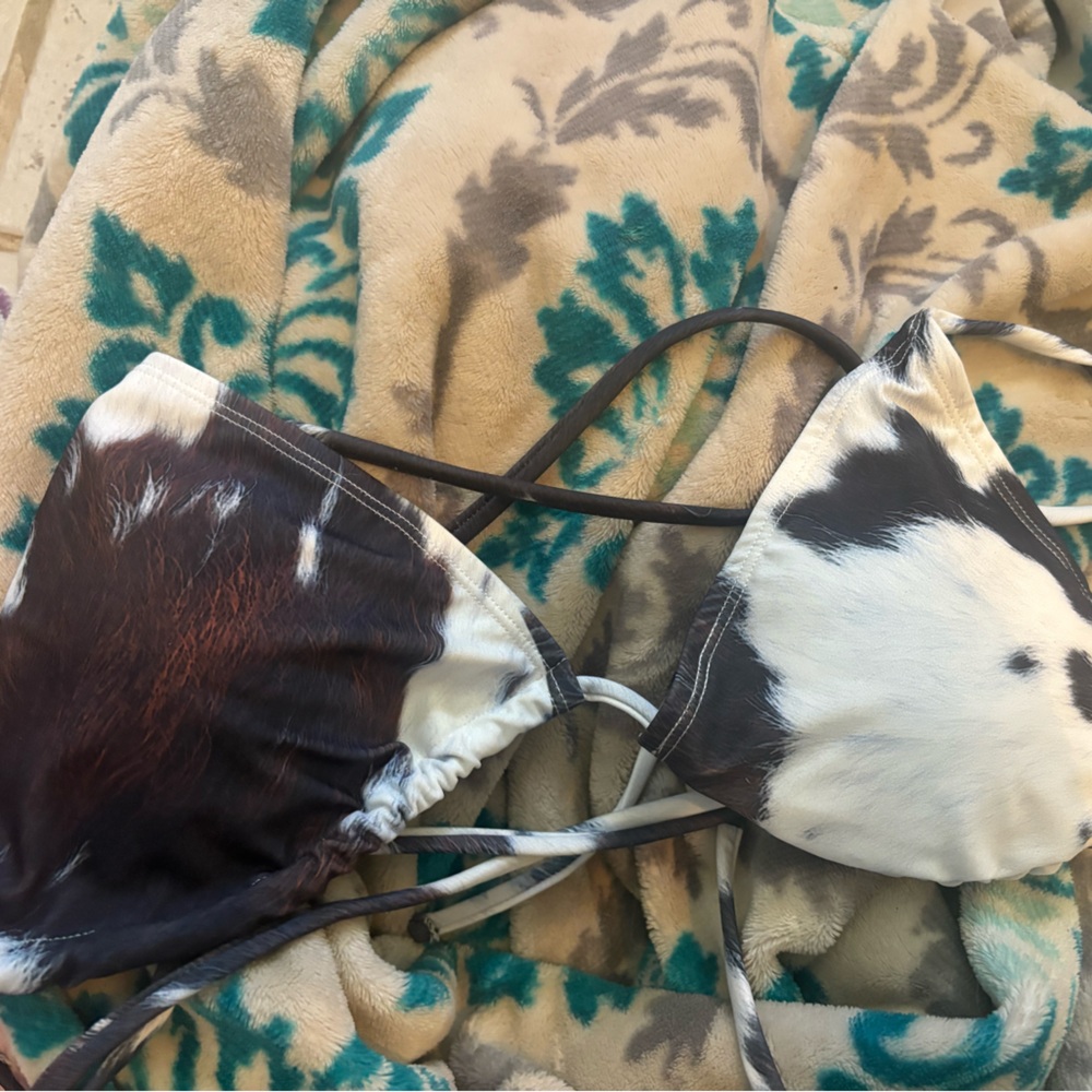 Cow Print Triangle Bikini Top - Black and White